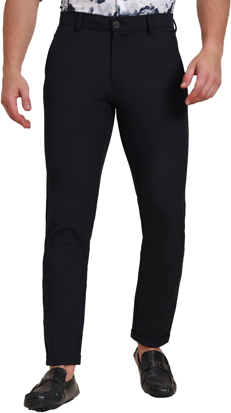 JB Studio Men's Slim Fit Solid Club Wear Trouser, Black Cotton Blend Fabric, Comfortable & Stylish Formal Pants for Parties or Nights Out