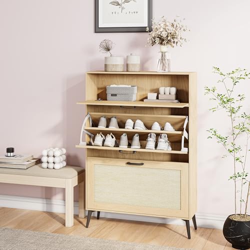 Schuhschrank mit 2 Klappen und Ablagefach, Schuhkipper Schmal Rattan...