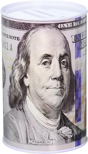 Metal Money Coin Bank with $100 Bill Design – No Opening Savings Bank – Round Tin Coin Jar for Cash & Coins – 5 Inch Tall
