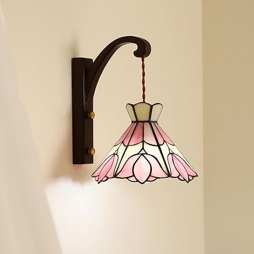 Miniatura 7 de Vintage Tulip Wall Sconce Stained Glass Wood Wall Lamp Hardwired E26E27 Base Lighting for Living Room Bedroom Floral Glass Light