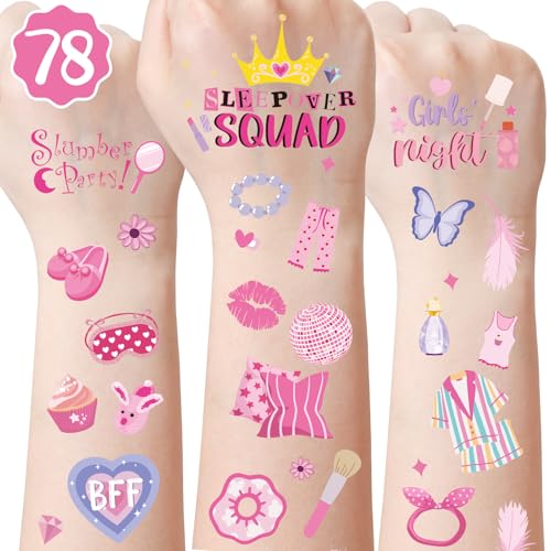 Pink Sleepover Party Temporary Tattoos for Girls - 78 Styles Slumber Party Birthday Supplies, Spa Party Cute Decorations, Sleepover Party Activity Favors Accessory