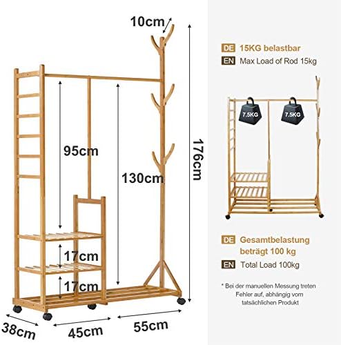 Yorbay Bamboo Clothes Rails, Coat Rack on Wheels Max Load 220lbs, Free Standing Garment Hanging Rails with 6 Hooks and 3 Shleves for Dress, Pants, Shoes, Hats, Natural, 100x38x176cm, Reusable