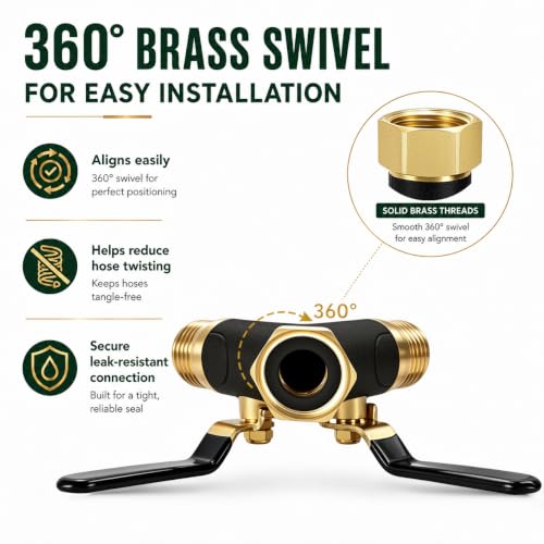 Image of Garden Hose Splitter 2 Way, All Metal Heavy Duty Water Hose Splitter | with 360 Brass Swivel, Large Easy-Turn Handles, Shut-Off Valves, Leak-proof outlet,3 /4 in GHT for Outdoor Faucet