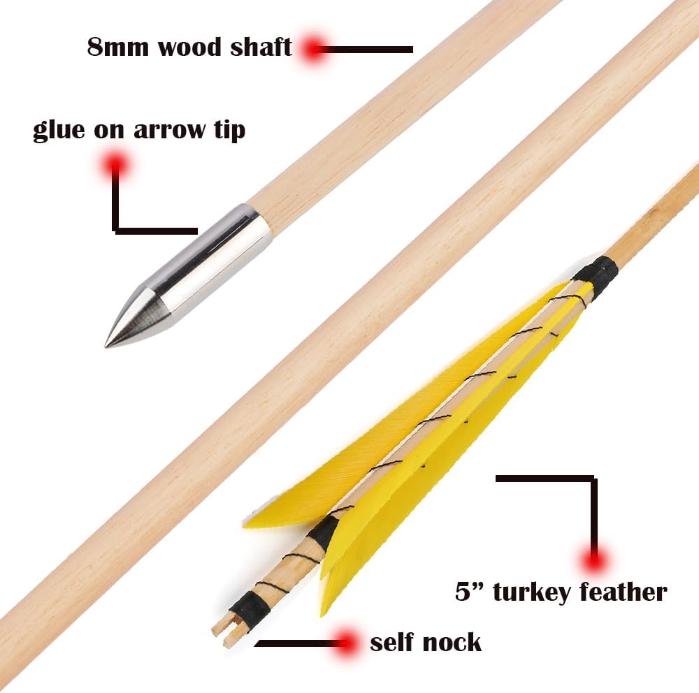 SHARROW 32 Inch Wooden Arrow English Longbow Arrow Target Pracrice Arrow Shaft with 5" Turkey Feather Fletching and Field Point for Recurve Bow Longbow Traditaonal Bow
