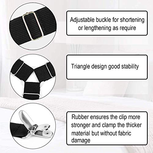 Tuyeabc Bed Sheet Holder Straps, Triangle Adjustable Elastic Fitted Sheet Clips, 3 Way Sheets Corner Straps Grippers Fasteners Suspenders Heavy Duty For Bedding Sheets (8Pcs_Black) #TOP2