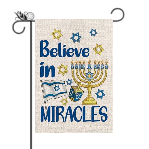 Hanukkah Garden Flag - Hanukkah Decorations Flag Blue Believe in Miracles Vertical Burlap Double Sided Welcome Flag Seasonal Xmas for Festival Holiday Winter Decorations Gifts 12.5 * 18 Inch
