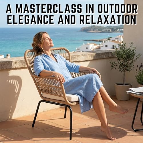 Image of LOCCUS 3-Piece Patio Bistro Set - Outdoor Woven Rope Balcony Furniture with Glass Top Table & Cushioned Chairs for Backyard, Balcony, Porch & Lawn (Beige & Cream) Comfortable Outdoor Seating Suitable
