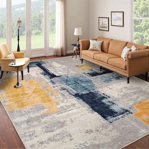 Tapis Design Carpets Area Rugs for Living Room, Abstract Washable Rugs Non Slip Low Pile Modern Home Decor Rug for Bedroom Office, Mustard Beige Navy 200x290 cm