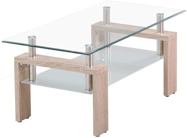 Amazon Co Jp Osj ガラステーブル コーヒーテーブル 幅98cm 強化ガラス天板 クリア 木目脚 ホーム キッチン
