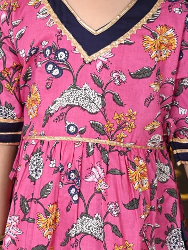 Image of superminis Girls Cotton Floral Printed Gota Patti Work Half Sleeves Sharara Suit