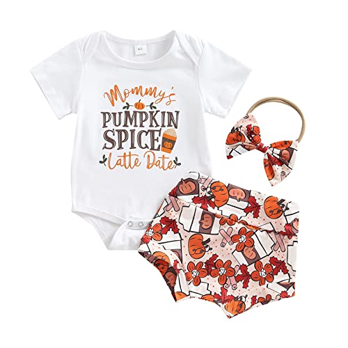 LXXIASHI 3Pcs Infants Baby Girls Halloween Outfit, Short Sleeve Pumpkin Letter Romper + Bloomers Shorts + Headband Set (White Letter, 3-6 Months)