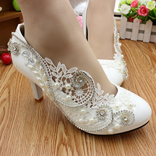 Women's White Wedding Shoes for Bride, Comfortable Prom Lace Bridal Pumps, Flower Bridesmaid Wedding Heels3