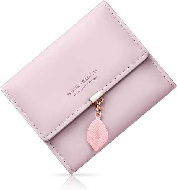flintronic Women's Wallets, PU Leather Ladies Purse for Women, Small Card Wallet with Multiple Card Slots & Compartments, Leaf Pendant Zipper Coin Purse for Girls Ladies - Pink