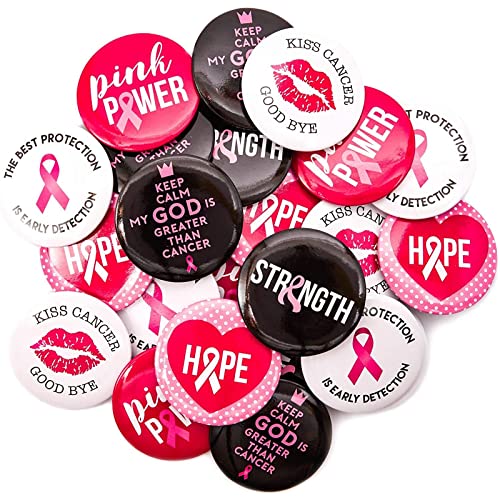 24 Pack Breast Cancer Awareness Pins Bulk, Black & Pink Round Buttons Accessories, 6 Designs, 2.25 In #TOP2