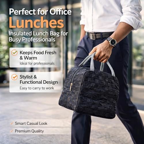 Image of The Earth Store Black Check Insulated Lunch Bag for Office, Men, Women | Travel Tiffin Bag with Handle, Waterproof & Leakproof | Reusable Thermal Lunch Box Bags