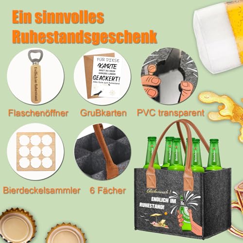 Geschenk für Rentner, Hochwertige Filz-Biertasche für 6 Flaschen mit Flaschenöffner & Grußkarte & Sammler von Bierflaschenverschlüssen – Ideales Ruhestand Geschenk für Männer, Freunde, Kollegen