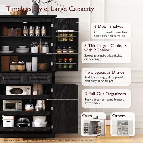 Image of Ball & Cast 71″Tall Farmhouse Kitchen Pantry Cabinet with 3 Pull Out Shelves & 2 Large Drawers,Versatile Pantry Storage Cabinet w / 6 Door Shelf & Adjustable Shelves for Kitchen,Dining Room,Black
