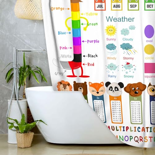 Image of Funny Kids Shower Curtain, ABC Educational Restroom Curtain with Vehicle Smathematical Knowledge for Boys Girls, Gute Pupil Students Learning Tools Cloth Fabric Bathroom Accessories Decor with Hooks