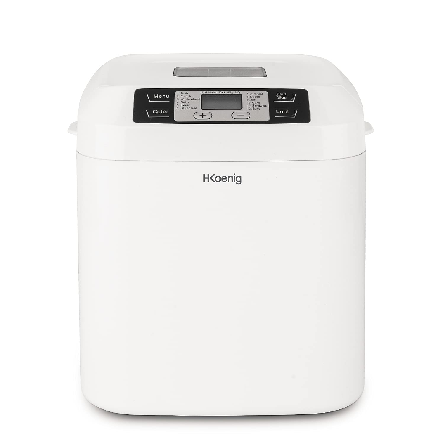 H.Koenig BAKE320 Brotbackautomat, 12 Programme, 2 Brotgrößen, glutenfreies Programm, Startzeitvorwahl und Warmhaltefunktion, LCD-Display, 550 Watt, Weiß