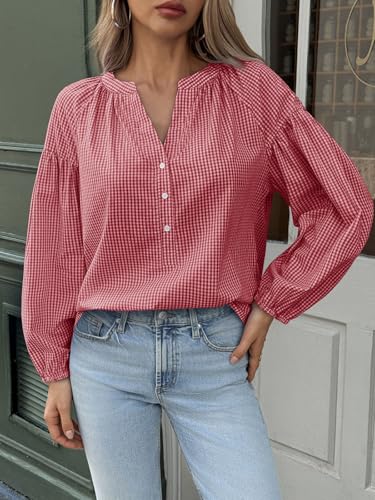 Cicy Bell Womens Puff Long Sleeve Blouse Gingham Pleated V Neck Button Down Shirts Loose Fit Dressy Casual Fall Tops4