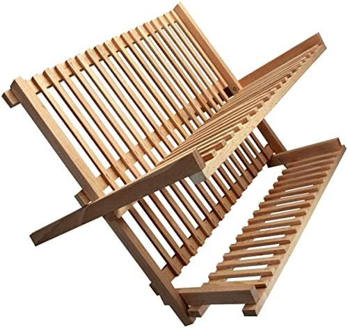 MUSAN Beech Wood Folding Dish Drainer - Large 2 Tier Wooden Foldable Utensil Plates Cups Drying Holder Rack - Premium Quality Kitchen Space Saving - Beechwood & Stylish Design H 35 x W 40 x D 30 cm