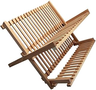 MUSAN Beech Wood Folding Dish Drainer - Large 2 Tier Wooden Foldable Utensil Plates Cups Drying Holder Rack - Premium Quality Kitchen Space Saving - Beechwood & Stylish Design H 35 x W 40 x D 30 cm