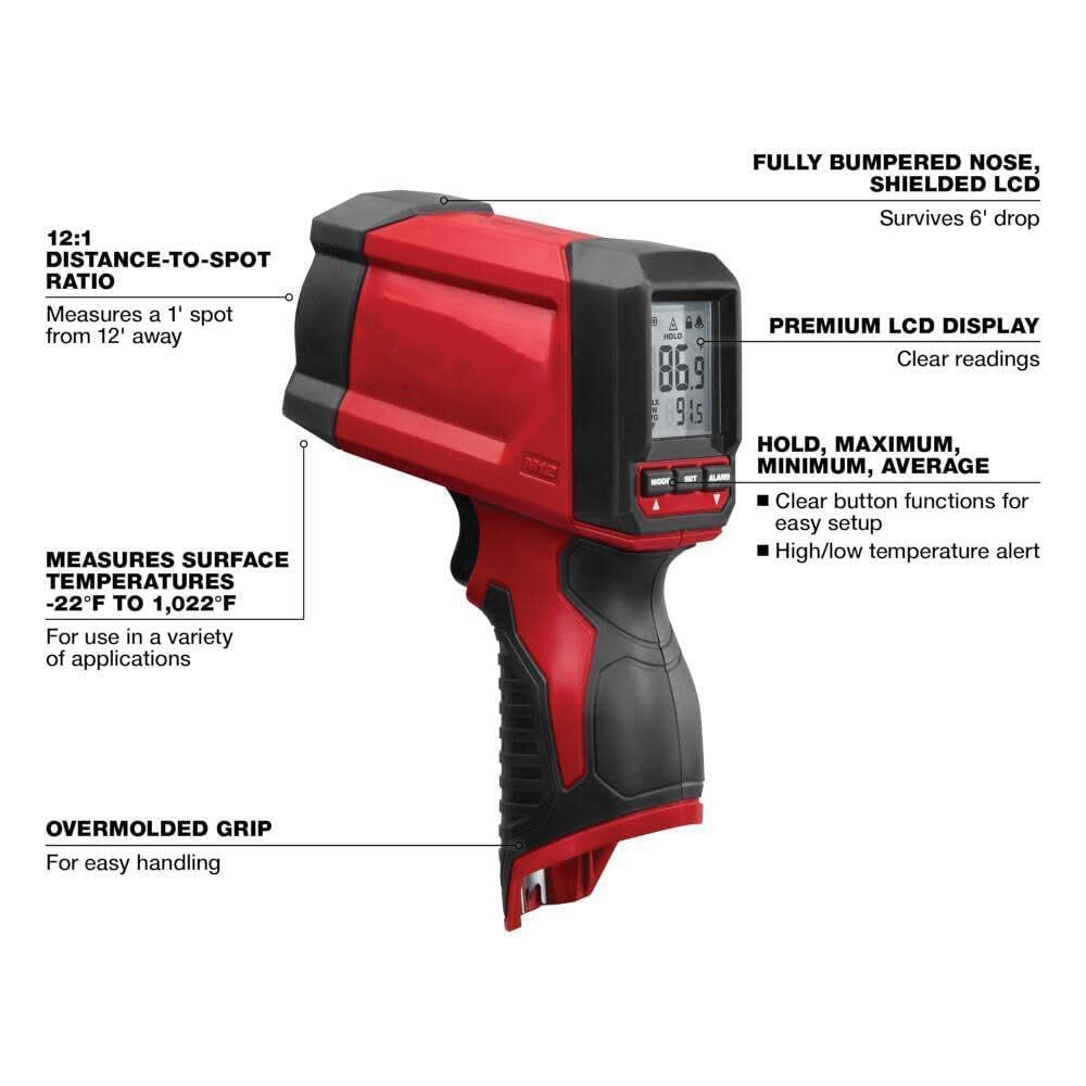 2278-20 Temp Gun for Miwaukee 12:1 Infrared, 12V Infrared Temp Gun, Stud Finder -Tool Only