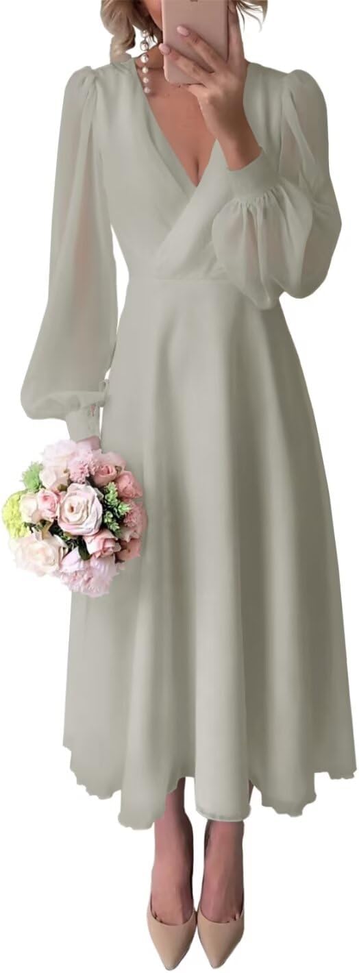Chiffon Long Sleeve Bridesmaid Dresses A Line Tea Length Wedding Guest Dress for Women V Neck Formal Gown