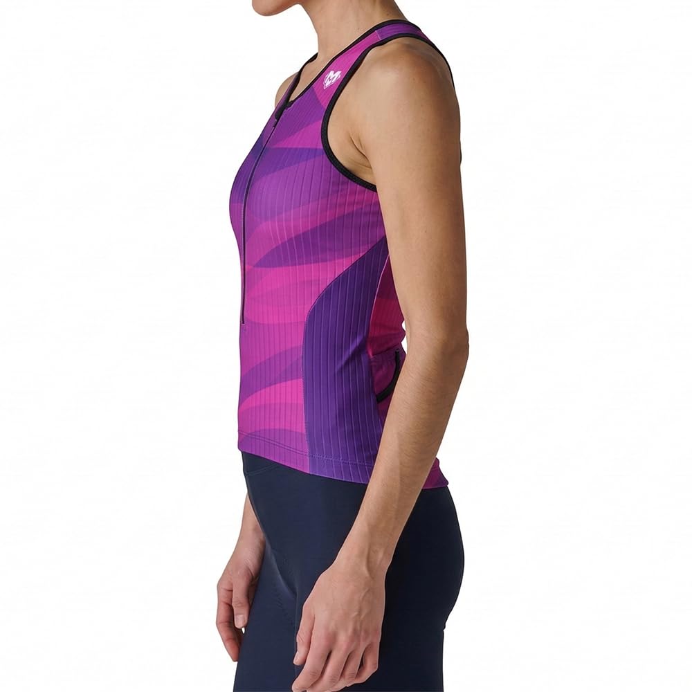 MY KILOMETRE Damen Triathlon Oberteil Ärmelloses - 3/4-Reißverschluss Fahrradtrikot mit 2 reflektierenden Rückentaschen, Schnelltrocknend UPF 50+