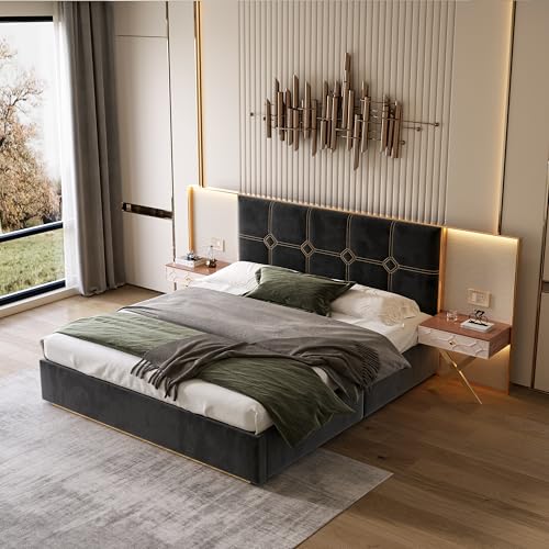 DaylayLumen Luxurious California King Platform Bed Frame with Metal Frame Headboard, Modern Velvet Upholstered Platform Bed with 2 Built-in Wall Lamps and Bedside Table for Bedroom Guestroom, Black