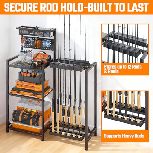 Fishing Rod Holders for Garage, Fishing Pole Holder with 3 Tier shelf, Heavy Duty Fishing Pole Rack with Pegboard & Basket, Fishing Rod Rack Hold up to 12 Fishing Rods, Ideal Fishing Gifts, Black by Freexployer - Image 2