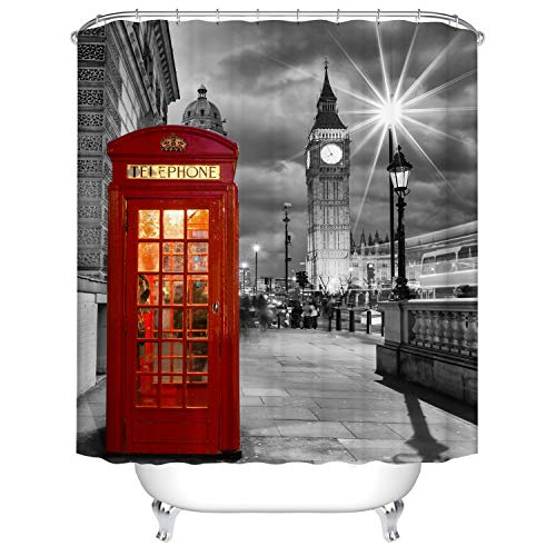 London Red Telephon Booth Shower Curtain, England City Big Ben Tower Old Street at Night Scenery Bathroom Curtain , 180 x 180 cm