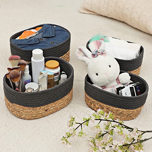 Lannvan Aufbewahrungskorb 4er Set aus Wasserhyazinthe und Baumwolle,Körbe Korb Geflochten Körbe Aufbewahrung Storage Basket Aufbewahrungskörbe für Bad Badezimmer Kinderzimmer Wickeltisch,Grau