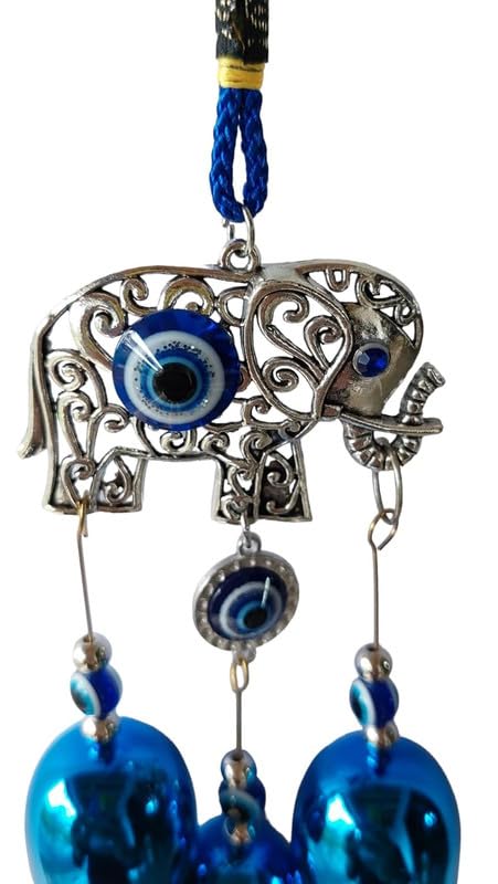 Image of Evil Eye Wind Chime 3 Bells Blue Elephant Wall Hanging for Home & Office Protection Brings Positive Vibes & Removes Negative Energy for Car Hanging Evil Eye