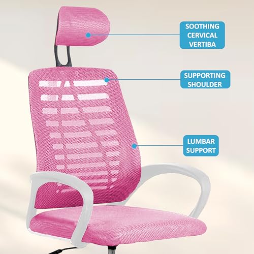 Image of Casa Copenhagen,Mesh Office Desk Chair,Rocking Ergonomic Computer Chair Adjustable High with Headrest and Comfortable Armrest Swivel - Pink & White Handle
