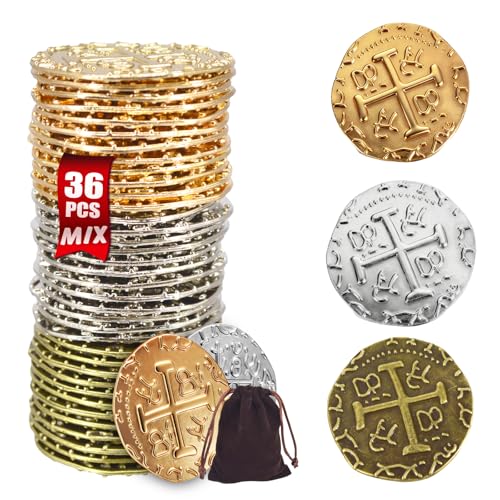 ZUCOS Piraten Münzen Zubehör,Goldmünzen-Set, Metall Goldtaler Deko Dublonen für DND Brettspiele, Cosplay, Realistische Mittelalter Geld-Imitation, Piratenschatz (Gold 12,Silver 12,Copper 12, Large)