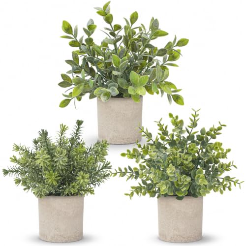 Der Rose 3 Pack Mini Potted Fake Plants Artificial Plastic Eucalyptus Plants Topiaries for Home...