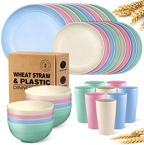 Teivio 32-Piece Kitchen Plastic Wheat Straw Dinnerware Set, Service for 8, Dinner Plates, Dessert Plate, Cereal Bowls, Cups, Unbreakable Plastic Outdoor Camping Dishes, Multicolor