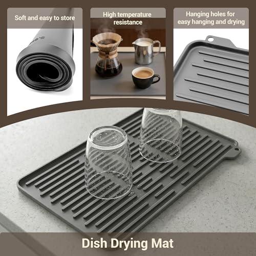 Image of ZJWZLG Silicone Coffee Mat for Countertop, 24x16 inch Heat Resistant Espresso Machine Mat, Non-Slip Coffee Bar Mat with Detachable Drying Area and Raised Edge, Waterproof Station Pad - Grey
