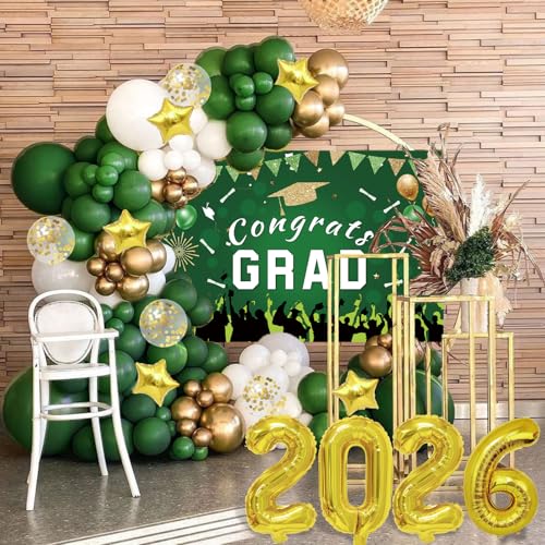 Graduation Decorations Class Of 2026: Green and Gold 2026 Graduation Decorations Balloon Arch Kit Congrats Grad Backdrop 136PCS Party Supplies for High School & College Celebrations by LYVEEF - Used condition - Image 3