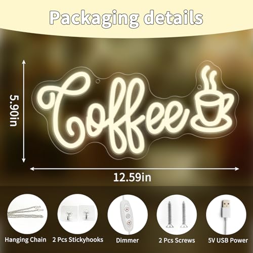 KATMBFUE Coffee Neon Sign, Dimmable Neon Light Sign, LED Letters Light up Signs for Wall Decor, USB Powered Neon Lights for Shop Party Bedroom Christmas Decoration 12.59 x 5.9" — view 5