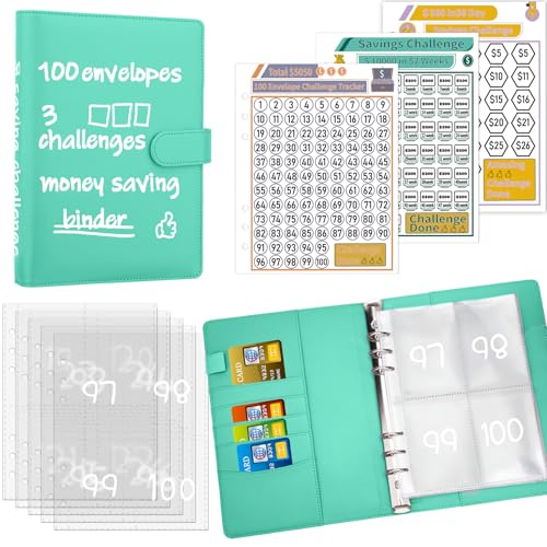 Image of 100 Envelopes Money Saving Challenge Binder, Savings Challenges Book with Envelopes & Challenge Trackers to Save $5,050 and $500 and $10,000, A5 Budget Binder Money Saving Book, Light Green