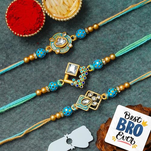 Image of eCraftIndia Set of 3 Kundan Beads Designer Rakhis | Best Bro Ever Fridge Magnet | Roli Chawal Pack | Rakhi for Brother Bhaiya Bhai Bhabhi Kids