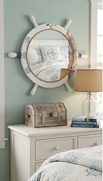 DRH Wood Ship Wheel Nautical Wall Mirror - Nautical Decorative Wall - Home Decor - Wall Mounted Mirror Ship Wheel - Wall Decor - Beach Theme - Wood, 11.5" Dia