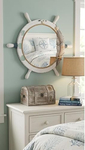 DRH Wood Ship Wheel Nautical Wall Mirror - Nautical Decorative Wall - Home Décor - Wall Mounted Mirror Ship Wheel - Wall Décor - Beach Theme - Wood, 11.5" Dia