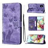 LSPCASA Funda de teléfono para Samsung Galaxy A71 Premium PU Material Samsung A71 Funda de teléfono con ranuras para tarjetas Patrón de mariposa gato A71 Samsung Funda de teléfono púrpura