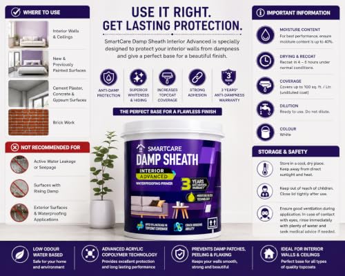 Image of Asian Paint SmartCare Damp Sheath Interior Advanced Waterproofing Primer, Water-Based,Anti-Damp Primer for Interior Walls & Ceilings, With 3 inch Premium Brush | WHITE 1 LTR