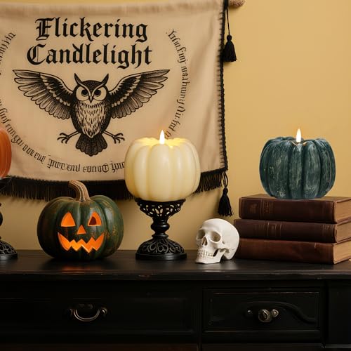 Image of Fall Flameless Candles with Remote, Real Wax Pumpkin Shaped Candle | Flickering Green Battery Operated Candles, Remote Included, For Autumn, Harvest, Thanksgiving, Halloween, Home, Party Decor