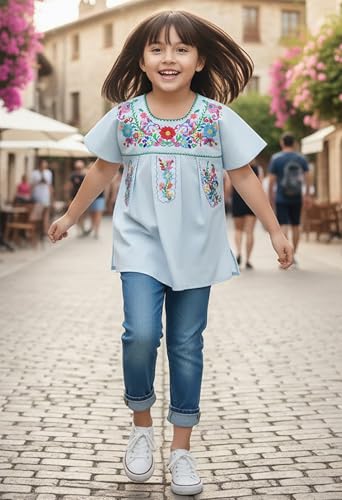 Image of YZXDORWJ Mexican Blouse for Girls Traditional Embroidered Summer Short Sleeve Peasant Blouse for Kids