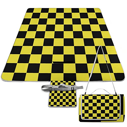 Black Yellow Plaid Pattern Beach Picnic Blanket Rustic Country Luxury Plaid Check Print for Portable Outdoor Blanket for Travel Camping 58.3x58.3 Inch
